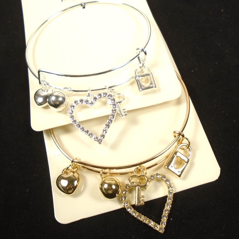 57 ❤️ Six Pack Gold & Silver Wire Bangle Bracelets w/ Heart Theme Wholesale Lot